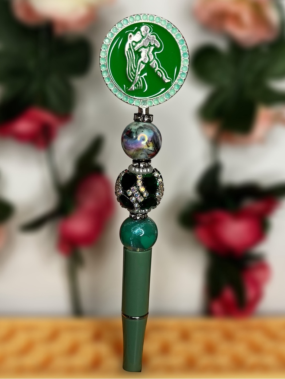 Aquarius Zodiac Green Handmade Beaded Pen
